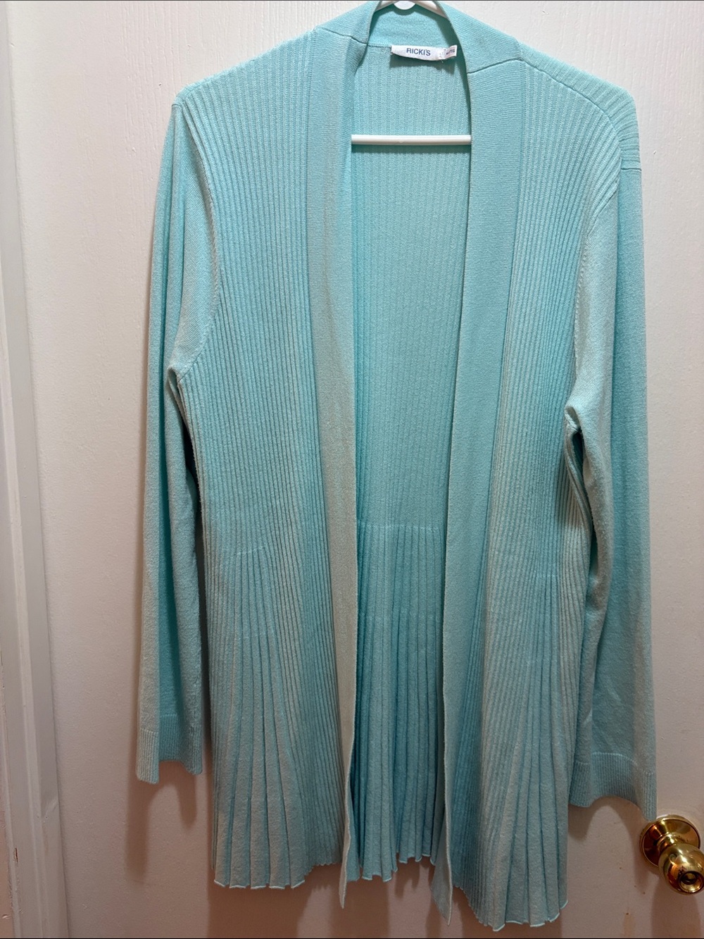 Ricki's Mint Open-Front Ribbed Cardigan with Pleated Hem